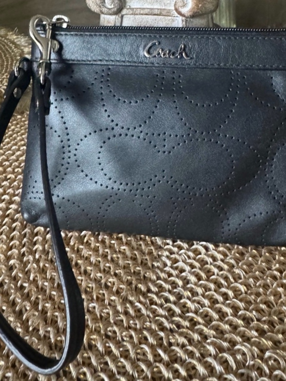 Coach Black Perforated Leather Wristlet with Detachable Strap